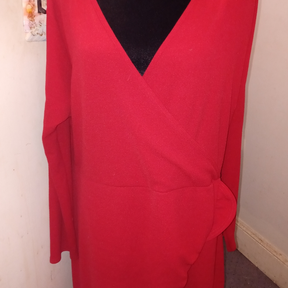 PrettyLittleThing Red Long Sleeve Mock Wrap Dress